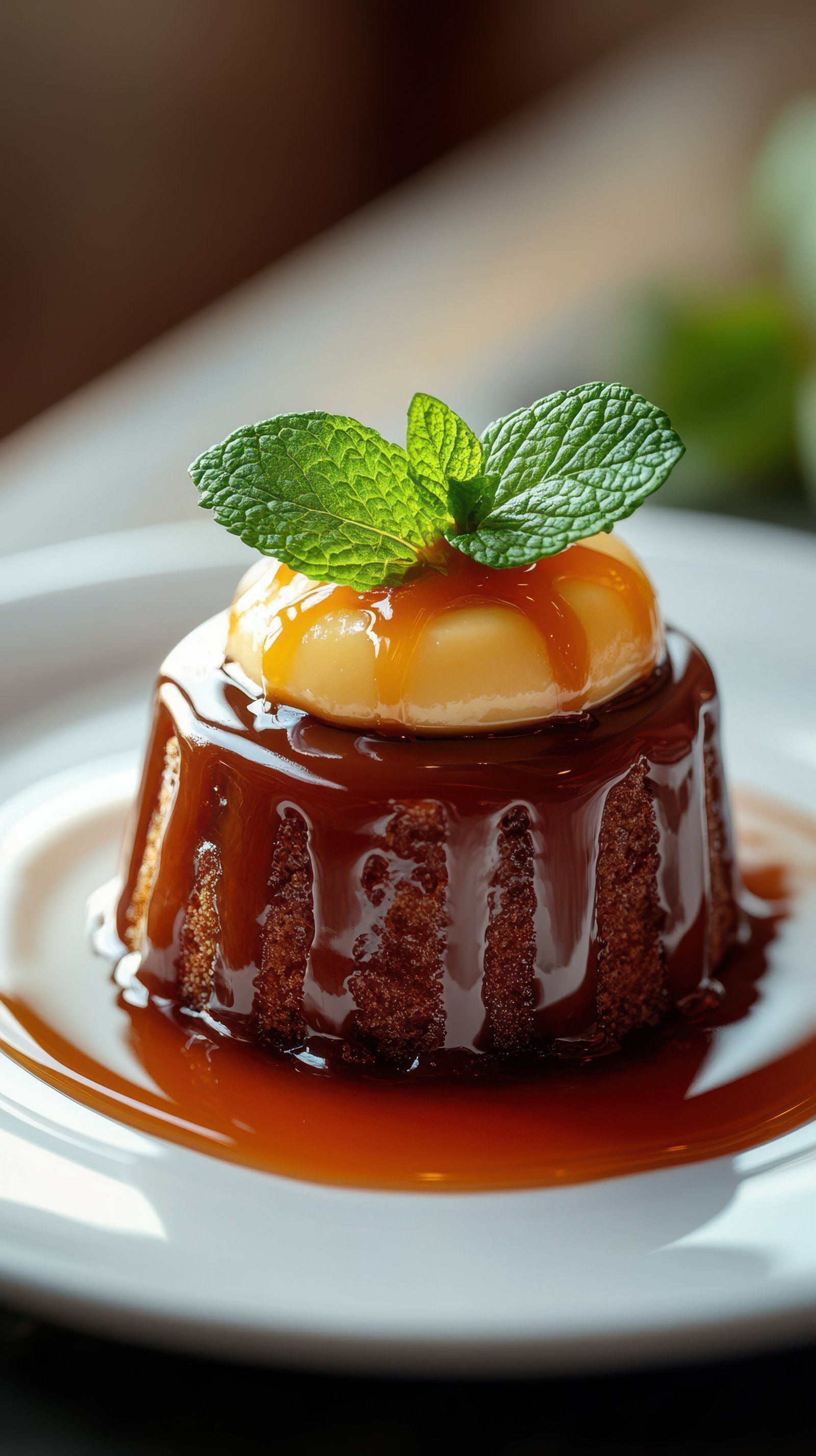 Delicious caramel dessert topped with banana and mint leaves served on a white plate